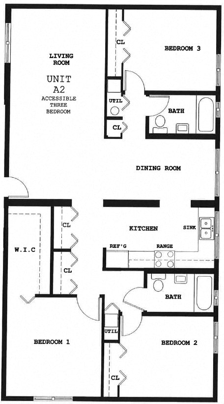 Floor plan for 3 beds, 2 baths